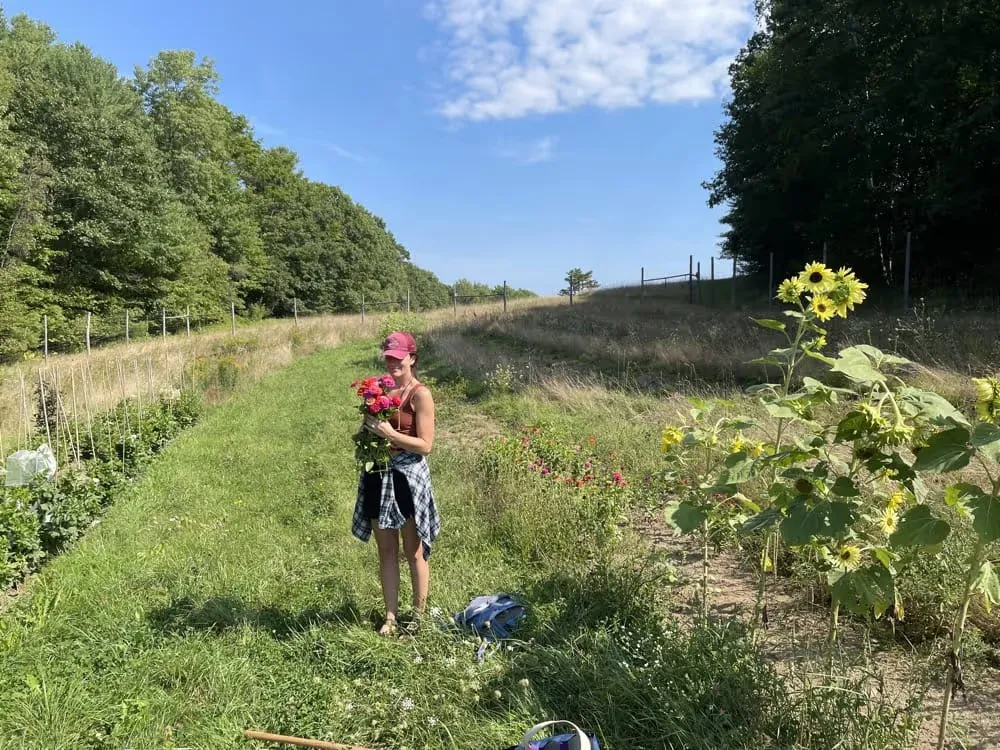 Woman holding a bouquet of flowers on a grassy path beside sunflowers